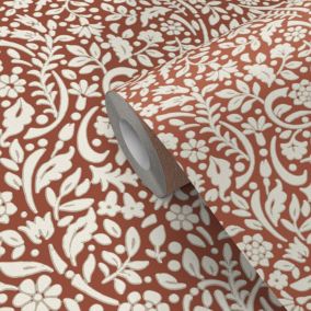 Papier peint vinyle intissé Flaumig GoodHome motif floral terracotta L. 10,05m x l. 0,53m