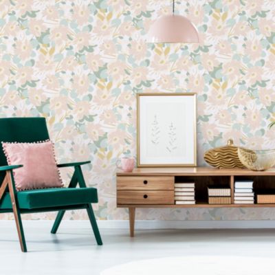 Papier peint vinyle intissé fleuri beige, rose, jaune L.1005 x l.53cm Lutèce Tropimass