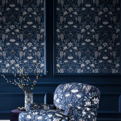 Papier peint vinyle intissé fleuri bleu L.1000 x l.52 cm Laura Ashley Parterre