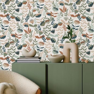 Papier peint vinyle intissé fleuri bleu, terracotta L.1005 x l.53 cm Lutèce Naive Flowers