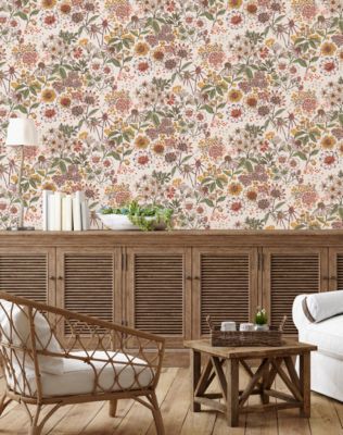 Papier peint vinyle intissé fleuri bouquet rose, beige L.1005 x l.53cm Lutèce