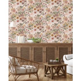 Papier peint vinyle intissé fleuri bouquet rose, beige L.1005 x l.53cm Lutèce