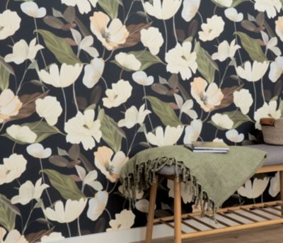 Papier peint vinyle intissé fleuri feuilles de lys, noir et beige L.1005 x l.53 cm, Erismann Blossom