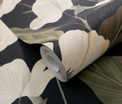 Papier peint vinyle intissé fleuri feuilles de lys, noir et beige L.1005 x l.53 cm, Erismann Blossom