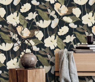 Papier peint vinyle intissé fleuri feuilles de lys, noir et beige L.1005 x l.53 cm, Erismann Blossom