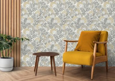 Papier peint vinyle intissé fleuri gris, jaune ocre L.1001 x l.53cm Rasch, Verbana