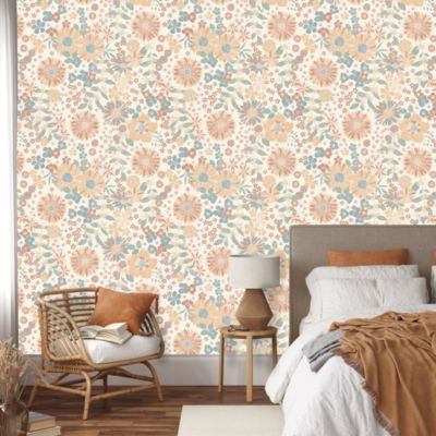 Papier peint vinyle intissé fleuri petites fleurs vert, orange L. 1005 x l. 53 cm Ugepa Disty Flower