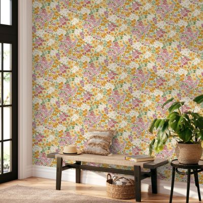 Papier peint vinyle intissé fleuri rose, jaune L.1005 x l.53cm Grandeco, Garden Lilas