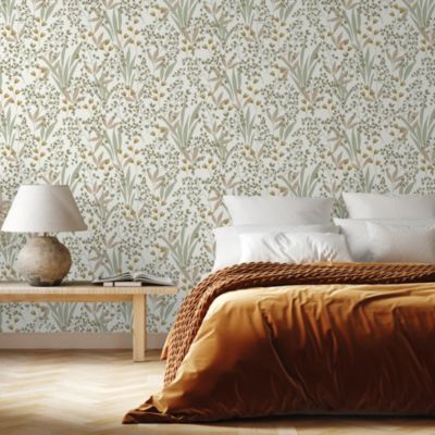 Papier peint vinyle intissé fleuri vert et beige L.1005 x l.53cm, Lutèce Floris