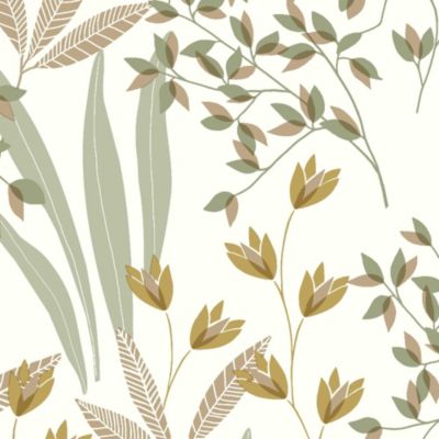 Papier peint vinyle intissé fleuri vert et beige L.1005 x l.53cm, Lutèce Floris