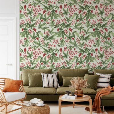 Papier peint vinyle intissé fleuri vert, rouge L.1005 x l.53cm Grandeco, Morgane