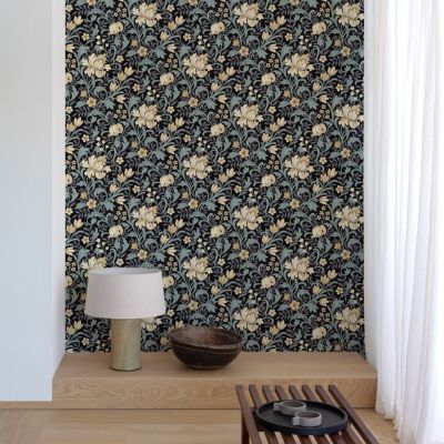 Papier peint vinyle intissé floral bleu, jaune L.1005 x l. 53 cm Grandeco