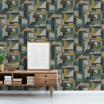 Papier peint Vinyle Intissé GoodHome Galene Sarcelle et ocre