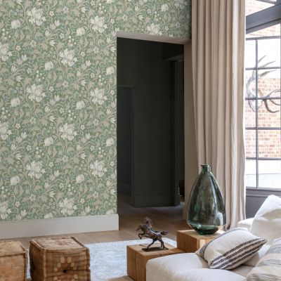 Papier peint vinyle intissé motifs floraux délicats vert L. 1005 x l. 53 cm Grandeco