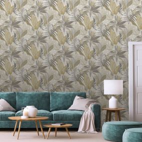 Papier peint vinyle intissé Protea feuillage jaune ocre, gris L.1005 x l.53cm Lutèce
