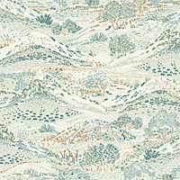 Papier peint vinyle intissé Sejours & Chambres Lutece mat et satiné colline, feuilles vert, bleu, bleu aqua l.1005 x l.53 cm