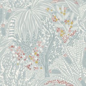 Papier peint vinyle intissé Sejours & Chambres Lutece mat et satiné fleurs, feuilles bleu, blanc, rouge l.1005 x l.53 cm