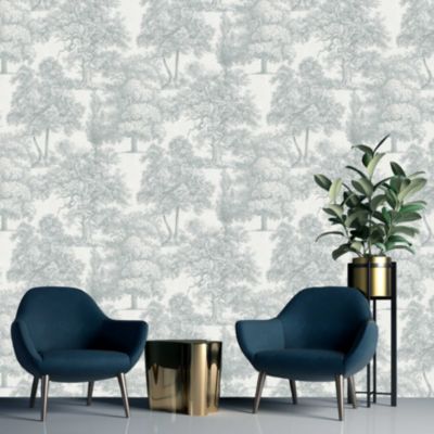 Papier peint vinyle intissé Sejours & Chambres Lutece mat et satiné fôret, toile de jouy vert céladon, vert, beige l.1005 x l.53 cm