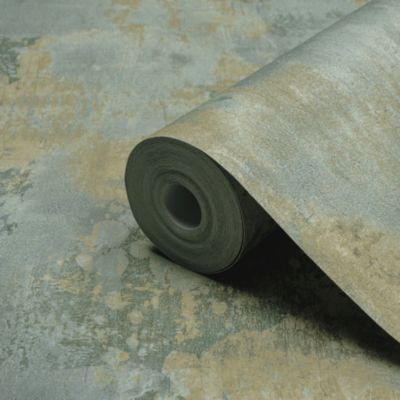 Papier peint vinyle intissé texturé effet plâtre vert, bleu satiné L.1005 x l.53cm Grandeco