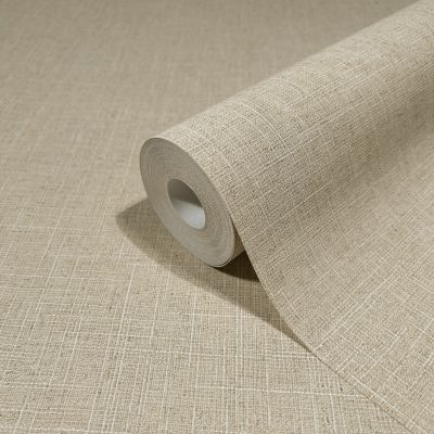 Papier peint vinyle intissé uni effet toile beige L.1000 x l.53 cm