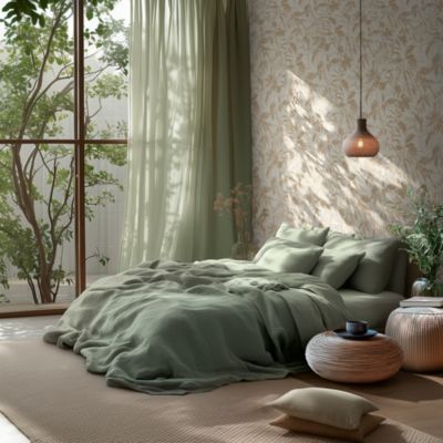 Papier peint vinyle intissé végétal motif feuillage beige et écru satin L. 1005 x l.53 cm As Creation Marina Bay