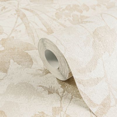 Papier peint vinyle intissé végétal motif feuillage beige et écru satin L. 1005 x l.53 cm As Creation Marina Bay