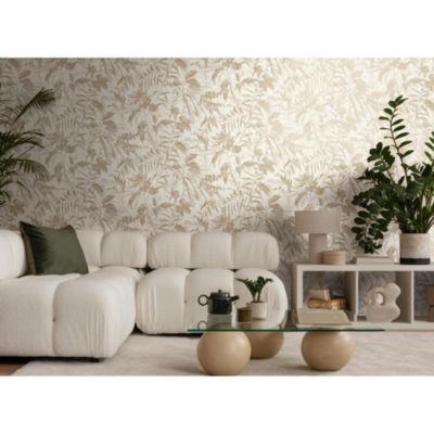 Papier peint vinyle intissé végétal motif feuillage beige et écru satin L. 1005 x l.53 cm As Creation Marina Bay