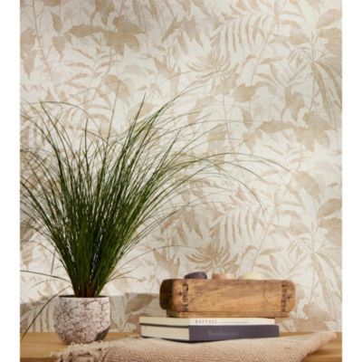 Papier peint vinyle intissé végétal motif feuillage beige et écru satin L. 1005 x l.53 cm As Creation Marina Bay