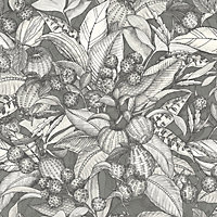 Papier peint vinyle intissé Villa Rosalie Lutece mat et satiné fleurs gris, noir, blanc l.1005 x l.53 cm