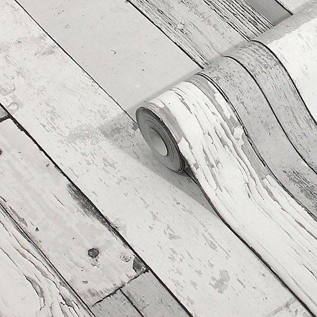 Effet Bois Papier Peint Blanc & Gris planches planches grains Collez Le mur de vinyle 