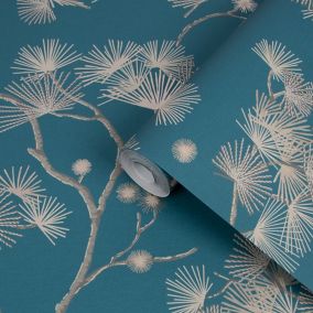 Papier peint vinyle sur intissé motif floral asiatique GoodHome bleu