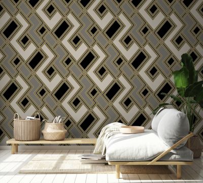 Papier peint vinyle sur intissé tissu geometrique taupe 53 cm