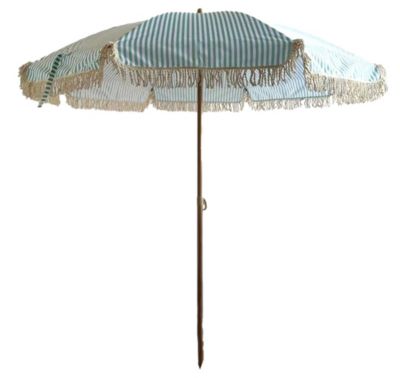 Parasol centré droit rond ouverture manuelle toile rayée bleu et blanc Oviala Gaya