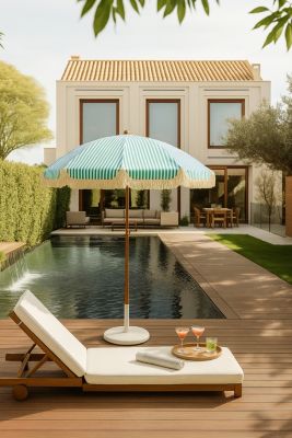 Parasol centré droit rond ouverture manuelle toile rayée bleu et blanc Oviala Gaya