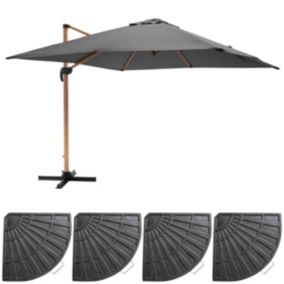 Parasol déporté 3x3m et 4 dalles lestées effet bois gris  Oviala