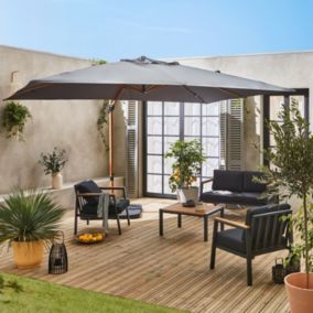 Parasol déporté carré gris 3x3m structure effet bois + Lot de 4 dalles à lester 50x50cm
