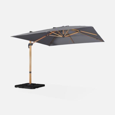 Parasol déporté carré gris 3x3m structure effet bois + Lot de 4 dalles à lester 50x50cm