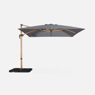 Parasol déporté carré gris 3x3m structure effet bois + Lot de 4 dalles à lester 50x50cm