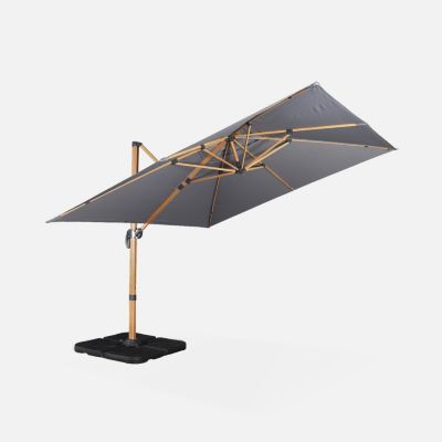 Parasol déporté carré gris 3x3m structure effet bois + Lot de 4 dalles à lester 50x50cm