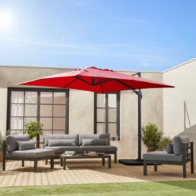 Parasol déporté carré rouge 3x3m structure grise + Lot de 4 dalles à lester 50x50cm