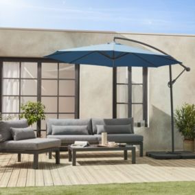 Parasol déporté D.350cm - Hardelot - Coloris Bleu canard. structure anthracite. manivelle anti-retour.
