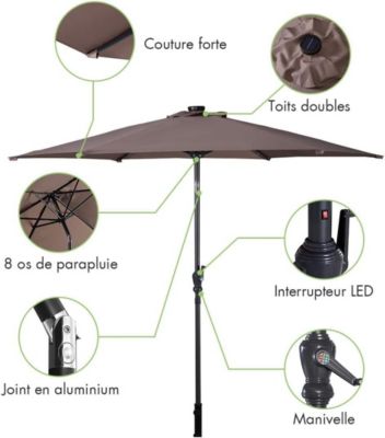 Parasol De Jardin 2M Avec Éclairage LED Solaire - Parasol Extérieur Inclinable à 6 Baleines Avec Manivelle Pour Terrasse, Piscine Et Patio (Rouge Vin)