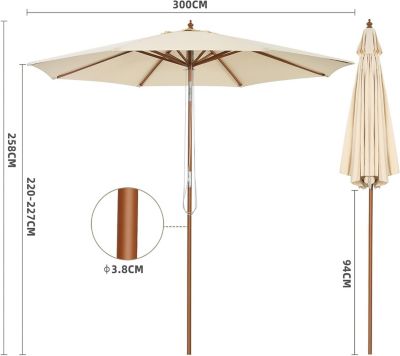 Parasol Déporté et Inclinable H2.58M 8 Baleines en Bois avec Manivelle pour Balcon Plage Jardin