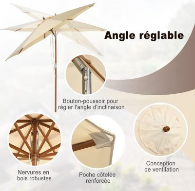 Parasol Déporté et Inclinable H2.58M 8 Baleines en Bois avec Manivelle pour Balcon Plage Jardin