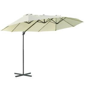 Parasol déporté grande taille XXL inclinable dim. 4,4L x 2,7l x 2,5H m piètement en acier inclus polyester crème