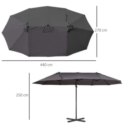 Parasol déporté grande taille XXL inclinable dim. 4,4L x 2,7l x 2,5H m piètement en acier inclus polyester gris