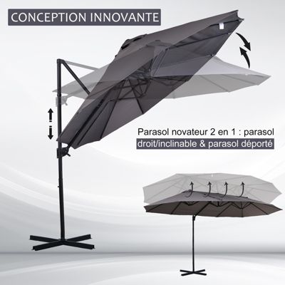 Parasol déporté grande taille XXL inclinable dim. 4,4L x 2,7l x 2,5H m piètement en acier inclus polyester gris