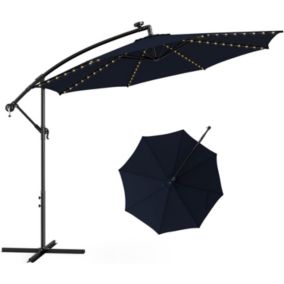 Parasol Déporté Inclinable, Parasol Cantilever Solaire avec 112 Lumières LED, Manivelle, Pied en Croix, Bleu