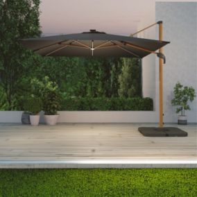 Parasol déporté LED 3x4m rectangle en aluminium housse incluse- rotatif 360 - Bois / Anthracite - OPERA