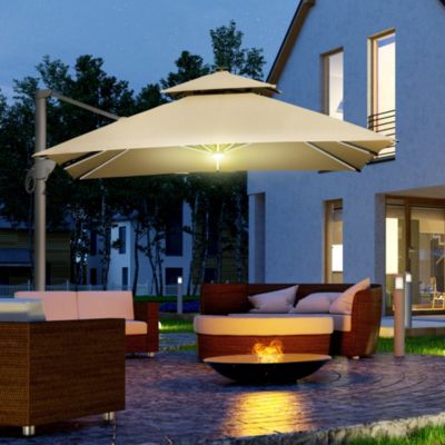 Parasol déporté LED carré double toit inclinable pivotant manivelle piètement acier dim. 3L x 3l x 2,66H m beige